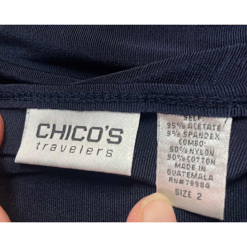 Chico's Travelers Sz 2 L 12-14 Open Cardigan Embroidered Slinky Knit Navy Blue - Picture 9 of 9